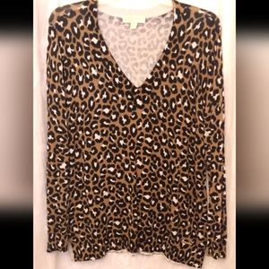 Michael Kors Leopard Print V Neck Pullover Sweater Women's Size XL